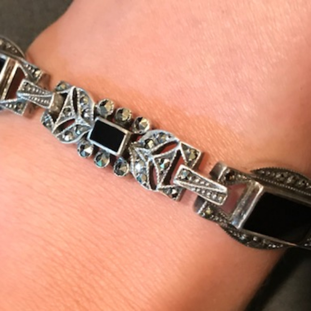 Vintage Marcasite, Onyx, 825 silver link bracelet